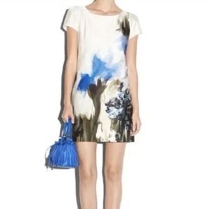 Milly Chloe Sheath Dress 4 Abstract Watercolor Floral Cap Sleeve White Blue USA